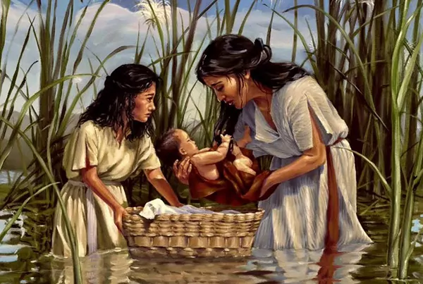 El nacimiento de Moisés con su madre y hermana